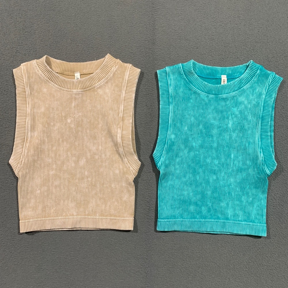 Zenana Ribbed Mineral‎ Wash Crop Tank Top Set of 2 Tan Teal Womens S/M NTW-6184A